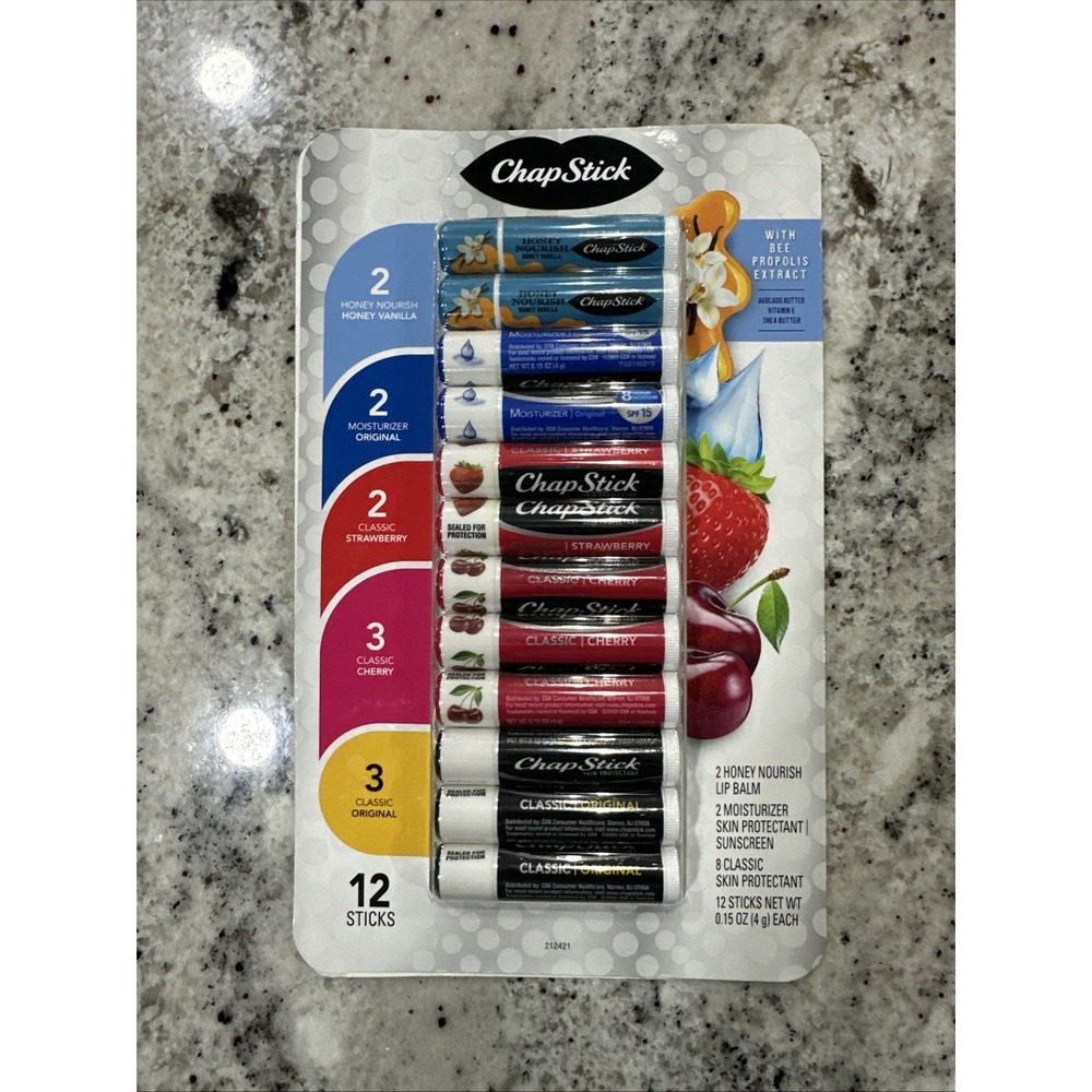 ChapStick Variety Pack Honey Vanilla Original Strawberry &‎ Cherry 12 Ct